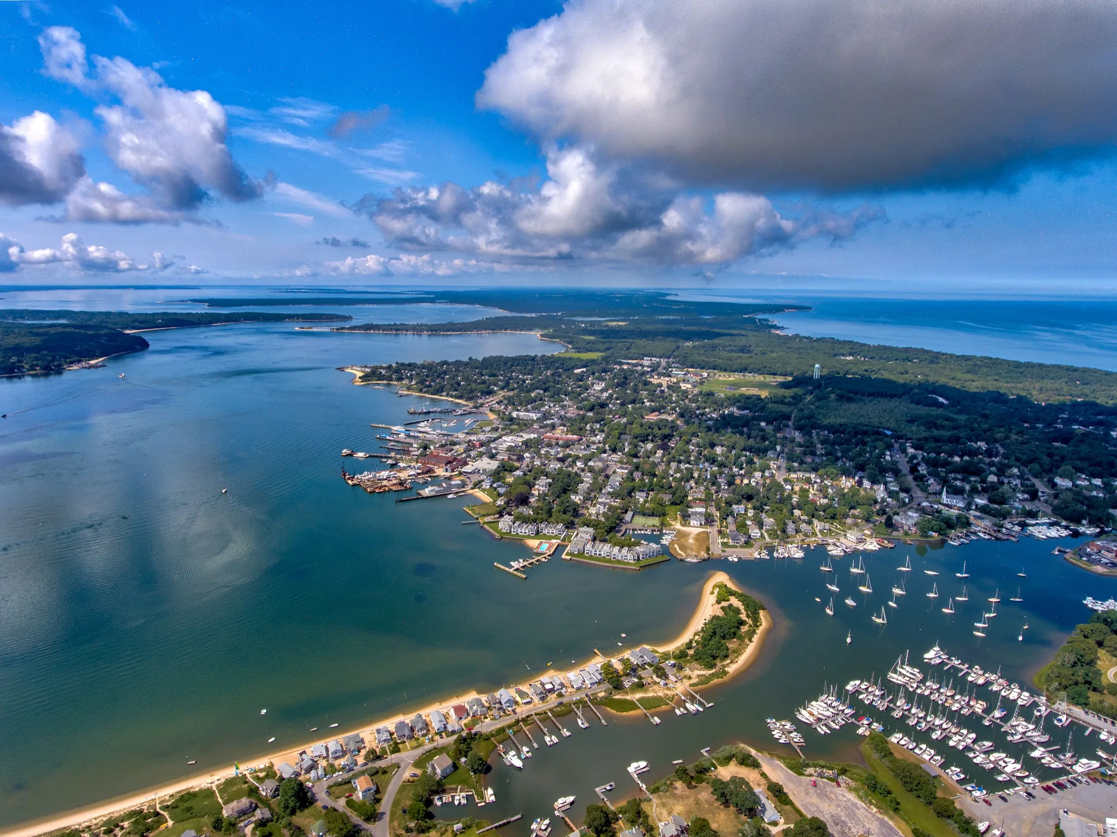 An aerial view of Greenport Harbor and the surrounding coastline, photographed by Alexander Aquino
